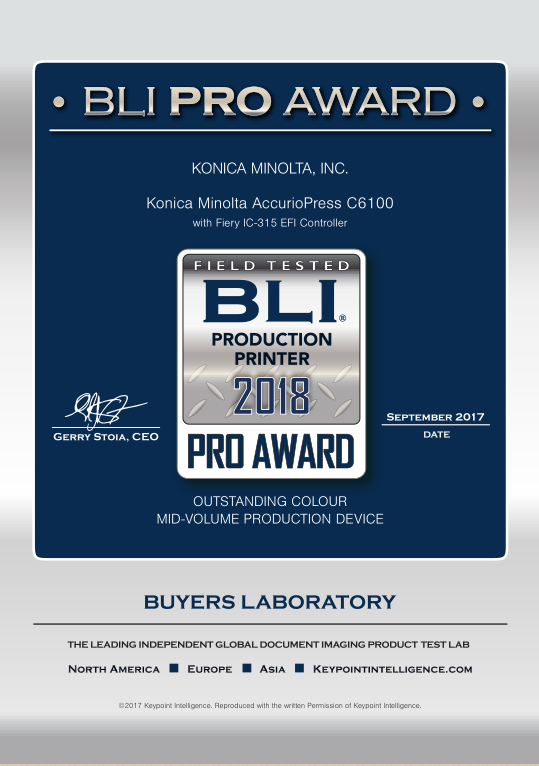 柯尼卡美能达AccurioPress C6100荣获“BLI 2018年度生产型数字印刷设备PRO AWARD专业大奖”