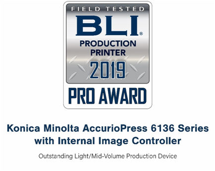 柯尼卡美能达AccurioPress 6136系列荣获BLI“2019年度生产型数字印刷设备PRO AWARD专业大奖”