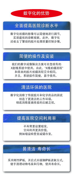 全面提高医院诊断水平
数字化拍摄的影像可以简便地进行调节，
实现最优的诊断观察。此外，数字化
还省去了繁琐的胶片处理质量控制步骤。清洁环保的医院
清洁环保的医院
数字化消除了传统胶片和化学药品的困扰
创造了更清洁的工作环境。
彻底消除废液排放的后顾之忧。
简便的操作及安装
简便的操作及安装
我们的数字成像解决方案可在您现有的
 X射线系统中使用。由此，"X线拍摄流程"
和原来的胶片拍摄流程完全相同。
并且，系统操作简便，易于使用。
易清洁  寿命长
易清洁  寿命长
采用刚性IP板，开启式非接触IP板读取方式，
便于清理动物毛发和污物，使用寿命长。提高医院空间利用率
提高医院空间利用率
不再需要设置暗室，
空间利用更具价值，
例如增设检查室或储存室。数字化的优势